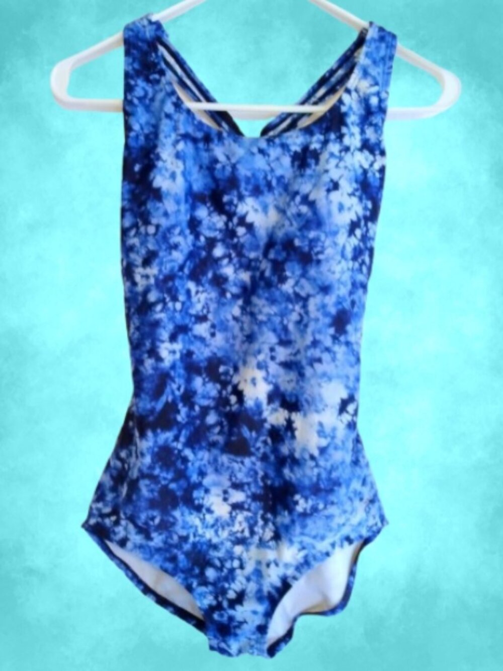 Speedo Blue White Tie‑Dye One‑Piece Swimsuit Bathing Suit 8 Athletic Racerback